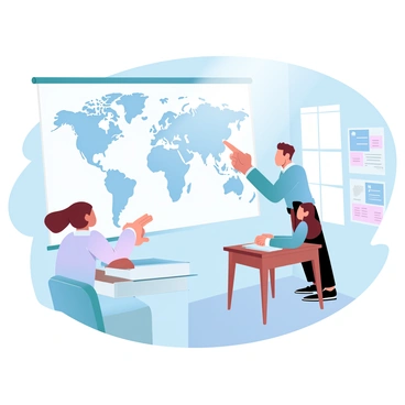 A teacher is pointing at various countries on a large world map displayed on the wall. The teacher is wearing a smart, casual outfit and has a stack of books on a nearby desk. An attentive student is sitting at a wooden desk, looking up towards the map with focused interest. The classroom is filled with colorful educational posters related to geography and culture. Sunlight is streaming through a window, casting soft shadows across the room.