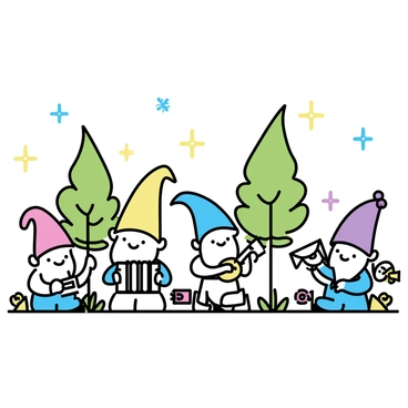 A group of five garden gnomes, each with a distinct appearance. One gnome with a red hat plays a small accordion, while another, wearing a blue hat, strums a ukulele. A third gnome, with a yellow hat, plays a tambourine. A fourth gnome, in a green hat, beats a drum, and the fifth gnome, sporting a purple hat, blows into a trumpet. They are surrounded by tall green trees and vibrant flowers, with soft sunlight filtering through the leaves, creating a lively atmosphere. Each gnome is smiling and engaged in their music-making, depicting a sense of joy and camaraderie.