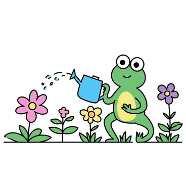 A frog, depicted with glossy green skin and large round eyes, is holding a small blue watering can. It is positioned in the middle of a garden, surrounded by various flowers in vibrant colors, including red, yellow, and purple blooms. The frog is gently watering the plants, with droplets of water visibly falling from the can onto the flowers below. The garden features lush green leaves and an assortment of flower shapes, creating a lively and colorful scene.