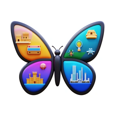 A butterfly with vibrant wings. The left wing illustrates "past" events with faded images of historical landmarks and symbols, showcasing elements like an ancient castle and scrolls. The right wing represents the "present" with lively scenes of bustling city life and modern technology, featuring skyscrapers and people interacting. The hind wing depicts the "future" with futuristic cityscapes, flying cars, and abstract shapes suggesting innovation. Each wing features detailed textures and colors, making the butterfly appear dynamic and full of life.