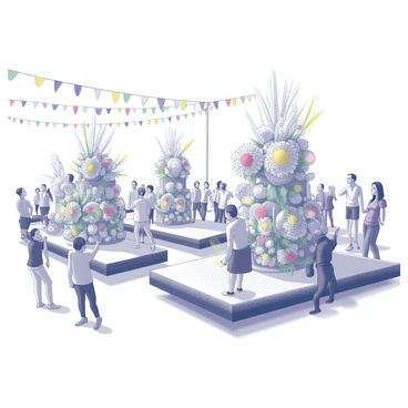 A lively outdoor festival scene with multiple decorative flower floats designed in intricate patterns. Each float is adorned with a variety of flowers, showcasing detailed floral arrangements. Groups of people are gathered around the floats, engaging in joyful celebrations. Some individuals are dancing and smiling, while others are taking photographs or admiring the artwork. The atmosphere is filled with excitement as colorful decorations hang overhead, adding to the festive ambiance.