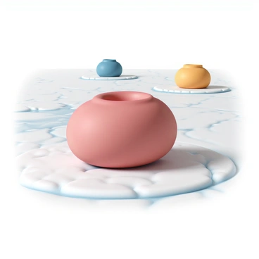 A close-up view of a curling stone with a smooth, polished surface and a bright red color. The stone is positioned on a sheet of ice, with intricate details highlighting the icy textures beneath it. In the background, additional curling stones in varying colors, including blue and yellow, are clearly visible and arranged in a collision course. The scene captures the moment just before impact, with a slight sheen reflecting the surrounding light. The ice surface shows subtle scratches and marks from previous games, adding realism to the setting.