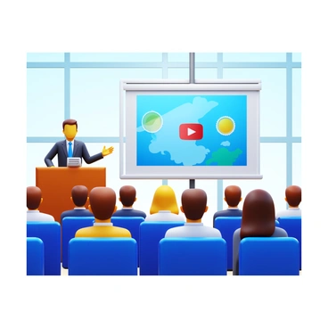 A presenter standing at a podium, using a projector to display a video on a large screen. The audience is seated in rows, attentively watching the presentation. The conference room is well-lit, with large windows allowing natural light to flood the space. The presenter is wearing business attire and gesturing towards the screen. The screen shows dynamic visuals from the video, while the audience appears engaged and focused.