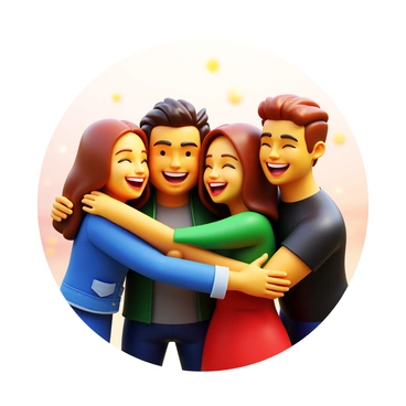 A group of four friends reuniting in a bright, open space. They are embracing each other in warm hugs, expressing joy on their faces. Each friend has a unique style: one wears a blue denim jacket, another has a green sweater, the third is in a red dress, and the fourth sports a black t-shirt. Their smiles are wide, showing happiness and excitement, and the background features soft, blurred elements indicating a cheerful environment.