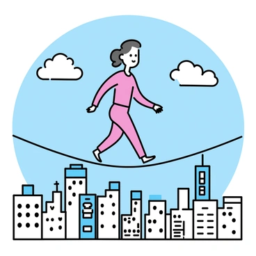 An individual dressed in a bright red outfit is walking a tightrope stretched high above a sprawling cityscape. The person has a focused expression, arms extended outwards for balance. Below, the city is filled with tall buildings, some with reflective glass windows, creating a contrasting scene. The sky is a soft blue, with a few fluffy white clouds scattered throughout. The tightrope is thin and taut, emphasizing the precariousness of the walk.