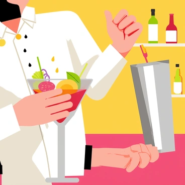 A close-up view of a bartender holding a shiny stainless steel cocktail shaker in one hand. The shaker is filled with vibrant, colorful ingredients like bright red grenadine, deep green mint leaves, and golden orange juice. The bartender's other hand is raised, expertly shaking the cocktail, with droplets of liquid splashing from the top. The background features a blurred bar setting, with shelves of various bottles and glassware, emphasizing the lively atmosphere of the scene.