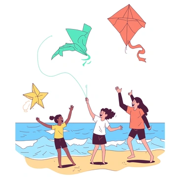 A group of friends is joyfully flying vibrant kites in various whimsical shapes. The kites are soaring high in the sky, showcasing distinct designs like a bright orange dragon, a teal butterfly, and a yellow star. Below them, soft ocean waves are gently rolling onto a sandy beach. The friends are laughing and interacting, with one holding a spool of string while another is reaching up to catch a kite that is dipping. The sun is shining down, creating a warm atmosphere filled with energy and excitement.