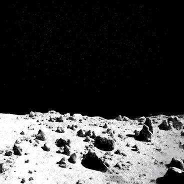 A lunar landscape is depicted with a vast, rocky terrain featuring unusual rock formations. The surface is covered in fine dust, with large craters and jagged edges visible throughout. In the background, a starry sky dominates the scene, filled with numerous twinkling stars of varying sizes. The stars create a stark contrast against the dark expanse of space, illuminating the unique shapes of the rock formations below.