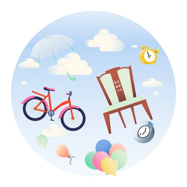 A surreal dream world is depicted with fluffy white clouds scattered throughout the blue sky. Floating among the clouds are various everyday objects, such as a bright red bicycle, an ornate wooden chair, and a large transparent umbrella. A golden alarm clock is also suspended in mid-air, its hands spinning in different directions. Nearby, a collection of colorful balloons is drifting, some tied together while others float freely. The overall scene features soft lighting that enhances the whimsical atmosphere of this dreamlike environment.