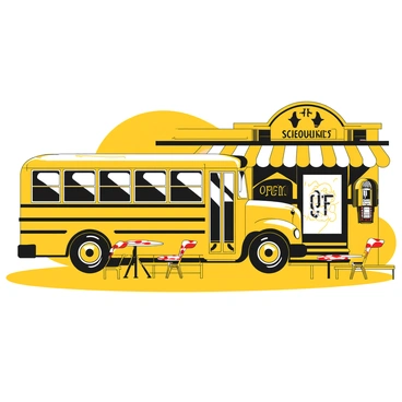 A yellow school bus with a vintage design parked on the side of an old-school diner. The bus has large windows and a classic shape, displaying wear and tear that reflects its age. In front of the diner, there are a few red and white checkered tables with chairs, and a neon sign that reads "Open" in the window. The diner features a striped awning, and the building has retro elements like a jukebox visible through the glass door. The scene captures a sense of nostalgia with the bus and diner as the main focal points.