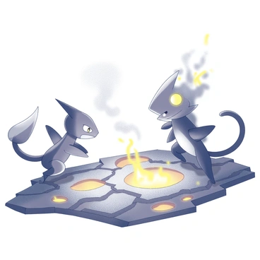 A Greninja positioned in an aggressive stance, showcasing its agile body and sharp features. It has its mouth open, revealing its long tongue ready for an attack. The arena is filled with flowing lava, casting dynamic shapes and reflections around the battlefield. The fiery opponent stands opposite Greninja, presenting an imposing figure with flames swirling around its body. The ground is rugged and cracked, with glowing lava pools scattered throughout, adding intensity to the scene. Smoke rises in the air, creating a dramatic atmosphere as the two figures prepare for their next moves.
