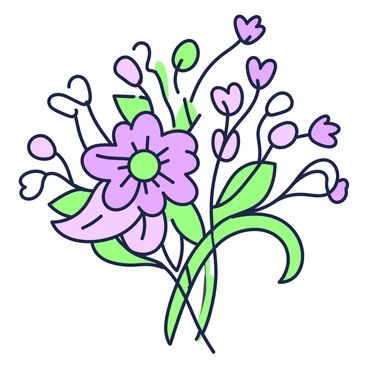 A bouquet of various flowers is arranged elegantly in the center of the image. Each flower is formed with flowing line art, showcasing intricate details like petals and leaves. The bouquet includes a large flower with a circular center, surrounded by smaller blossoms with delicate curves. Stems intertwine gracefully, creating a natural and harmonious composition. The flowers are varied in shape, with some having rounded petals while others feature long, slender forms. The overall aesthetic is one of fluidity and movement, emphasizing the beauty of the floral arrangement.