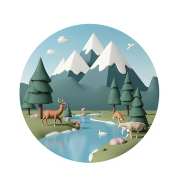 A round illustration featuring a serene mountain landscape with towering mountains in the background, their peaks dusted with snow. There are several tall pine trees on the sides, casting shadows on the ground. A clear river winds through the foreground, reflecting the blue sky above. Various wildlife is present, including a deer drinking from the river and birds soaring above the treetops. The colors are vibrant, showcasing rich greens, deep blues, and earthy browns throughout the scene.