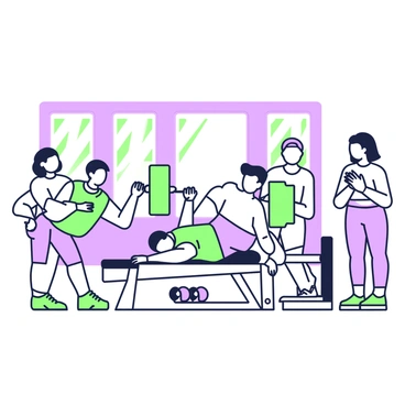 A gym interior filled with a diverse group of individuals engaged in bench press exercises. On the left, a person of Asian descent is lifting weights on a bench press, focused on their form. Next to them, a Black individual is preparing for their turn, adjusting the weights on the barbell. In the center, a Hispanic person is lying on a bench, lifting the barbell with determination. To the right, a Caucasian woman is cheering them on, offering support and encouragement. The gym is equipped with various fitness equipment, and mirrors line the back wall, reflecting the activity in the space.