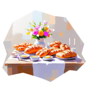 A large table set with various types of bread and festive decorations