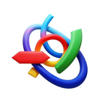 A 3D icon featuring various design elements such as geometric shapes, flowing lines, and vibrant colors coming together in a harmonious arrangement. The elements include circles, triangles, and squares, all interlaced to create a cohesive structure. The colors range from bold reds and blues to softer greens and yellows, blending seamlessly into one another. The icon has a glossy finish, reflecting light and adding depth to the design.