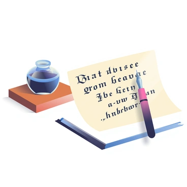 An inkwell with a classic design is placed on a wooden desk. Beside it, a vintage pen with an ornate nib is poised above a sheet of parchment. The pen is in the process of writing, and elegant legal script is being formed on the parchment. The letters, flowing smoothly, are styled in a traditional calligraphic manner. There are subtle inky droplets on the parchment, emphasizing the activity of writing. A faint shadow of the pen is cast on the surface of the desk, adding depth to the scene.