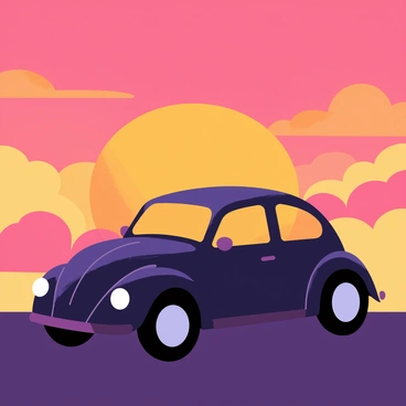 A silhouette of a "VW Beetle" is positioned prominently in the foreground. The car's iconic rounded shape is defined against a "vibrant sunset sky" filled with hues of "orange, pink, and purple." The background features fluffy clouds illuminated by the setting sun, creating a colorful gradient. The overall scene captures the essence of a serene evening, highlighting the Beetle's classic design against nature's colorful display.