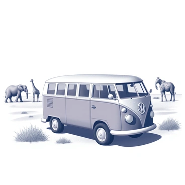 A Volkswagen bus is parked on the open savannah, displaying its distinct boxy shape and rounded corners. The vehicle is positioned slightly off-center, creating a sense of depth in the scene. In the distance, several animals are visible, including a group of elephants with their trunks raised, and a few giraffes gracefully grazing on tall trees. The savannah grass is sparse and windswept, with occasional bushes dotting the landscape. The horizon is vast and expansive, enhancing the feeling of openness in the scene.