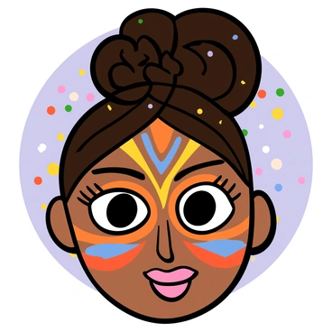 Close-up of a face with light skin and big eyes adorned with intricate festival paint designs. The paint features bright colors such as red, blue, and yellow, forming elaborate patterns across the cheeks and forehead. The lips are painted in a vibrant shade of pink, and the eyes are highlighted with shimmering accents. The hair is styled in an elaborate updo, decorated with small colorful beads, adding to the festive look. The background features a soft blur of colorful lights, creating a lively atmosphere.