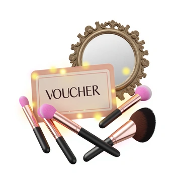 A beauty salon voucher prominently displayed at the center of the image. The voucher is elegantly designed with soft colors and decorative borders. Surrounding the voucher are several high-quality makeup brushes with colorful bristles, arranged artfully. A round, ornate mirror reflects light and adds depth to the scene. Glowing lights twinkle around the voucher, creating an ambiance of luxury and elegance.