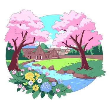 A serene landscape depicting "Rivendell" in springtime. The scene is filled with cherry blossom trees, their branches heavy with pink blossoms that sway gently in the breeze. In the foreground, there are various vibrant flowers in bloom, featuring a mix of colors like yellow and blue. The iconic Elven architecture of "Rivendell" is visible in the background, blending harmoniously with the lush greenery. Soft sunlight filters through the trees, casting gentle shadows on the ground below. A clear stream flows nearby, reflecting the beauty of the blossoms above.