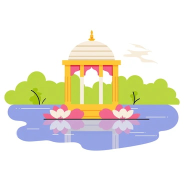 A mandap with ornate pillars and a decorative canopy is floating gently on a tranquil lake. The mandap is decorated with vibrant pink and white lotus flowers, which are arranged elegantly around its base. The calm water reflects the colorful mandap, while a few ripples can be seen near the edges. Lush greenery surrounds the lake, providing a serene backdrop to the scene. A soft breeze causes the lotus flowers to gently sway, enhancing the peaceful ambiance.