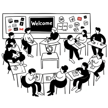 A classroom filled with desks arranged in a semi-circle, each occupied by students engaged in conversation. Some students are holding books with various language titles visible on the covers. A large chalkboard at the front displays the words "Welcome" in multiple languages. There are colorful posters on the walls showcasing different alphabets and cultural symbols. A globe sits on a corner table, and scattered papers with vocabulary lists can be seen on the desks. Students are animatedly discussing and sharing notes, with some leaning over to help their classmates.