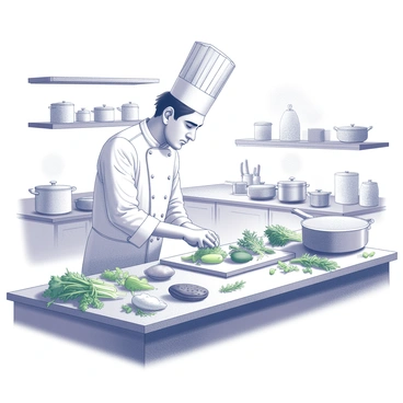 A chef preparing a colorful dish in a bustling kitchen filled with fresh ingredients.