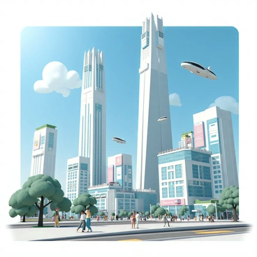 A vibrant illustration of a futuristic city with towering skyscrapers