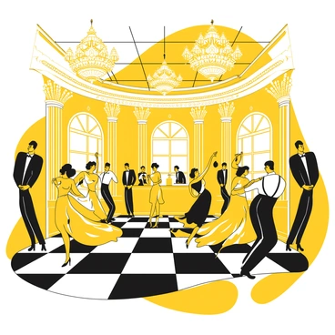 An opulent ballroom filled with elegance and sophistication, featuring high ceilings adorned with intricate chandeliers made of sparkling crystals. The floor is a polished black-and-white checkered pattern, reflecting the soft light from the chandeliers above. Stylish dancers are elegantly moving across the floor, dressed in 1920s attire including flapper dresses and tailored suits. Some dancers are seen twirling gracefully, while others are engaged in lively conversation. The walls of the ballroom are decorated with ornate moldings and mirrors that enhance the luxurious atmosphere.