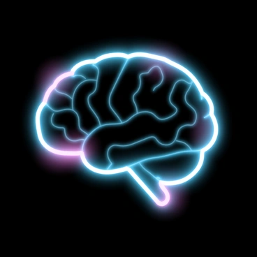 A glowing neon outline of a human brain set against a dark background