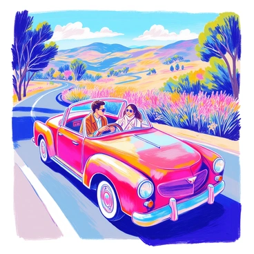 A couple is driving in a vintage convertible car with the top down. The car is red with chrome accents, reflecting sunlight. The man is wearing sunglasses and a leather jacket, while the woman has long hair blowing in the wind, wearing a light scarf. In the background, there are rolling hills and a clear blue sky. The road is winding, lined with lush green trees and colorful wildflowers. The couple is smiling, enjoying the warmth of the sun and the beauty of the scenery around them.