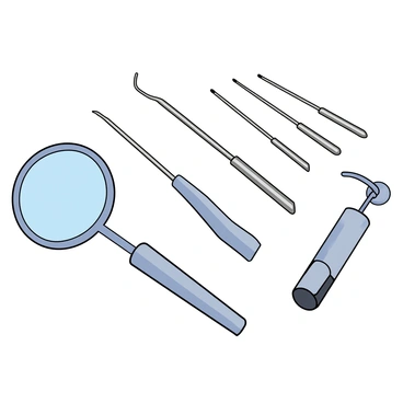 A neat arrangement of various dentist tools displayed on a clean white surface. There is a shiny round dental mirror with a long handle, positioned next to a set of gleaming stainless steel dental picks with different shapes. A small, electric dental drill with a sleek design rests beside the tools, its cord neatly coiled. The tools are organized in a symmetrical fashion, with each item clearly visible and showcasing their polished surfaces. The background is plain to emphasize the dental instruments.