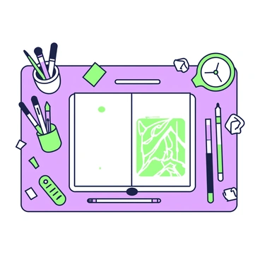 An artist's desk is filled with creative tools and materials. In the center, there is a sketchbook open to a page featuring a "half-drawn illustration" that displays intricate line work and details. Scattered around the desk are multiple "colored pencils" in a variety of positions, some lying flat while others are standing upright in a small holder. To the side, there is a "small jar" filled with brushes, and a few sheets of crumpled paper are visible, hinting at the artist's process. A soft light casts gentle shadows across the workspace, enhancing the atmosphere of creativity.