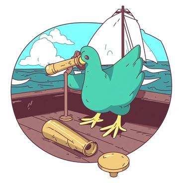 A teal chicken foot is perched on the weathered wooden deck of a pirate ship, surrounded by elements of nautical adventure. The chicken foot is gripping a brass spyglass with its toes, peering through the lens toward the horizon. In the background, there are hints of a rolling sea and a billowing sail. Another brass spyglass rests on the deck, glinting in the light. The atmosphere suggests a sense of exploration and discovery.