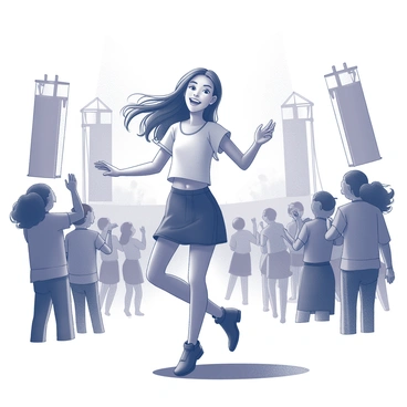 A girl is dancing joyfully in an outdoor setting, surrounded by a crowd at a music festival. She has long, flowing hair that moves in rhythm with her motion. The atmosphere is filled with people enjoying the music, with some clapping and others swaying to the beat. In the background, there are tall speakers and stage structures, which are adorned with various shapes and patterns. Bright lights create an energetic ambiance, casting shadows and highlighting the joyful expressions of the attendees.