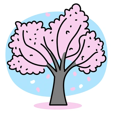 A cherry blossom tree in full bloom, with clusters of pink blossoms covering its branches. The tree has a sturdy brown trunk and fine, delicate branches extending outwards. Petals, in soft shades of pink, are gently falling from the tree, creating a carpet of pink on the ground below. The background includes a clear blue sky, emphasizing the vibrant colors of the blossoms.