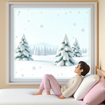 A cozy bedroom featuring a large window with frosted edges. Outside the window, a winter wonderland unfolds, covered in fresh, powdery snow. In the foreground, a person, wearing a warm, knitted sweater and flannel pajamas, sits up in bed, looking out at the scenery with a smile. Snowflakes gently fall from the sky, and a thick blanket of snow covers the trees and the ground, creating a picturesque landscape. A few snow-covered pine trees are visible in the distance, and the morning light casts a soft glow over the serene scene.