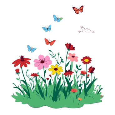 A vibrant meadow is filled with various wildflowers in a range of colors, including shades of red, yellow, and pink. Each flower stands tall amidst lush, green grass. Above the flowers, several small butterflies with delicate wings flutter gracefully, displaying hues of blue and orange. The sky above is clear, allowing sunlight to illuminate the scene, enhancing the colors of the wildflowers and the butterflies as they dance through the air.