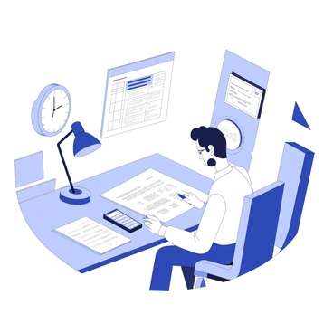 An accountant carefully reviewing a trial balance sheet at a wooden desk