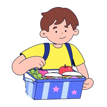 A school child with short brown hair is opening a colorful lunchbox. The lunchbox is bright blue with playful patterns of stars and stripes. Inside, there are several neatly arranged sandwiches cut into triangles, with vibrant fillings visible. Alongside the sandwiches, there are slices of red apples and a bunch of green grapes. The child is wearing a yellow t-shirt and a backpack is visible in the background.