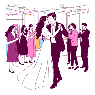 A newlywed couple is sharing their first dance in a beautifully decorated venue. The bride is wearing a flowing white gown that cascades elegantly to the floor, while the groom is dressed in a sharp black suit with a white shirt. They are holding each other closely, with smiles on their faces, lost in the moment. Around them, guests are standing, some clapping their hands while others are capturing the moment with their smartphones. Colorful string lights illuminate the scene, adding warmth to the atmosphere. The overall setting conveys a sense of joy and celebration.
