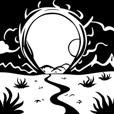 A swirling portal opening in the sky above a desolate landscape, with dark clouds surrounding it and streaks of ominous light radiating from its edges. The ground below is cracked and barren, with sparse, twisted vegetation struggling to survive. The distant horizon is marked by jagged mountains casting long shadows, and a sense of depth is created by the contrast between the dark landscape and the bright, swirling portal above.