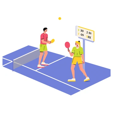 A pickleball court with a blue surface and white lines. Two players are engaged in an intense one-on-one game, both wearing bright athletic outfits. One player, a man with dark hair, is poised with a paddle raised, ready to return the ball, while the other player, a woman with long blonde hair tied back, is positioned in a low stance, eyes locked on the ball. The ball is in mid-air, heading toward the man, and both players have expressions of determination and focus. Nearby, a scoreboard shows close scores, adding to the competitive atmosphere.