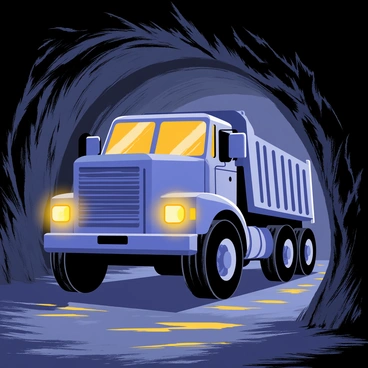 A large blue truck is positioned in the center of a dark underground tunnel. The truck’s headlights are shining brightly, casting a warm yellow light that illuminates the rough stone walls of the tunnel. Shadows dance along the ground as the light reflects off the uneven surfaces. The tunnel has a damp and gritty appearance, with visible droplets of water on the walls, highlighting its underground setting. The truck's tires are covered in dirt, suggesting it has traveled a long distance through the rugged terrain.