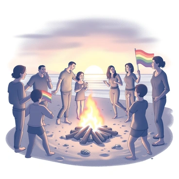 A beach scene during sunset. A bonfire is crackling in the center, casting light and shadows on the sand. Surrounding the fire, a group of friends is engaged in a lively atmosphere. They are singing and dancing, radiating joy and camaraderie. Some individuals are holding pride flags, showcasing them in the light of the fire. The sky is filled with the fading orange and purple hues of sunset, creating a beautiful backdrop for the gathering. The beach is dotted with seashells and footprints in the sand.