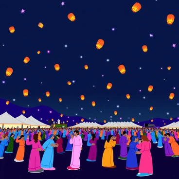 A night festival features hundreds of colorful lanterns floating in the dark sky. Each lantern casts a warm glow, creating a bright contrast against the deep blue of the night. People gather below, their faces lit by the soft light, enjoying the festive atmosphere. Some lanterns are shaped like stars, while others resemble flowers, adding variety to the scene. The ground is filled with decorations, and a distant stage showcases performers entertaining the crowd. The overall ambiance is lively and enchanting, filled with joy and celebration.