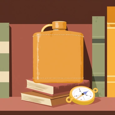 An antique leather-covered flask is placed on a wooden shelf. The flask has a weathered texture and subtle stitching details. Surrounding the flask are several old books, their spines various shades of brown and gold, stacked haphazardly. A vintage compass rests nearby, featuring a brass casing and a glass top with a fine needle. Soft light casts gentle shadows on the shelf, highlighting the aged surfaces of the books and the flask.