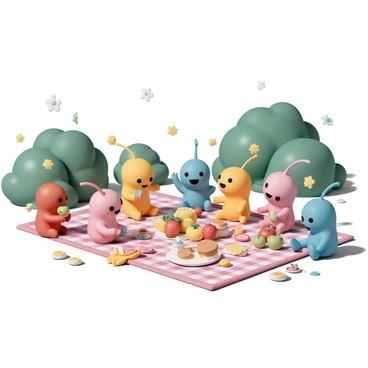 A group of small, colorful Pikmin, with varying sizes and colors such as red, blue, and yellow, are gathered in a sunlit clearing. They are joyfully sharing a picnic spread out on a vibrant checkered picnic blanket. The blanket is adorned with an array of fruits, including bright red strawberries, yellow bananas, and green apples, alongside various snacks like colorful crackers and a large sandwich. Some Pikmin are happily holding pieces of fruit, while others are sitting and chatting. The sunlight filters through the trees, casting playful shadows on the ground. In the background, lush green foliage surrounds the clearing, enhancing the cheerful atmosphere of the celebration.